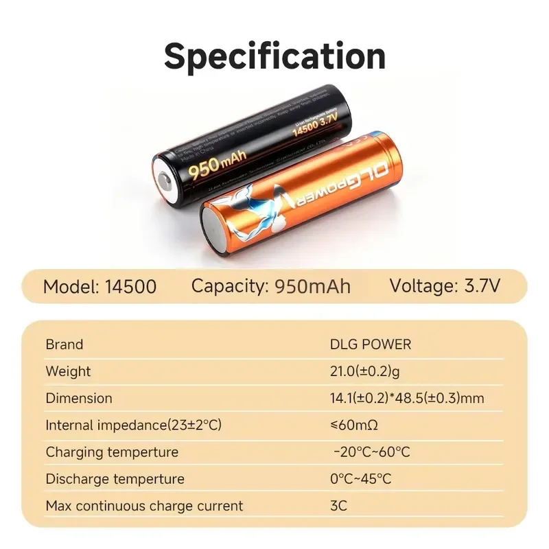 DLGpower AA Li-ion Rechargeable Battery 14500 950mAh 3.7V Batteries for RC Airplanes Flashlights Electric Toys Smoke Alarms