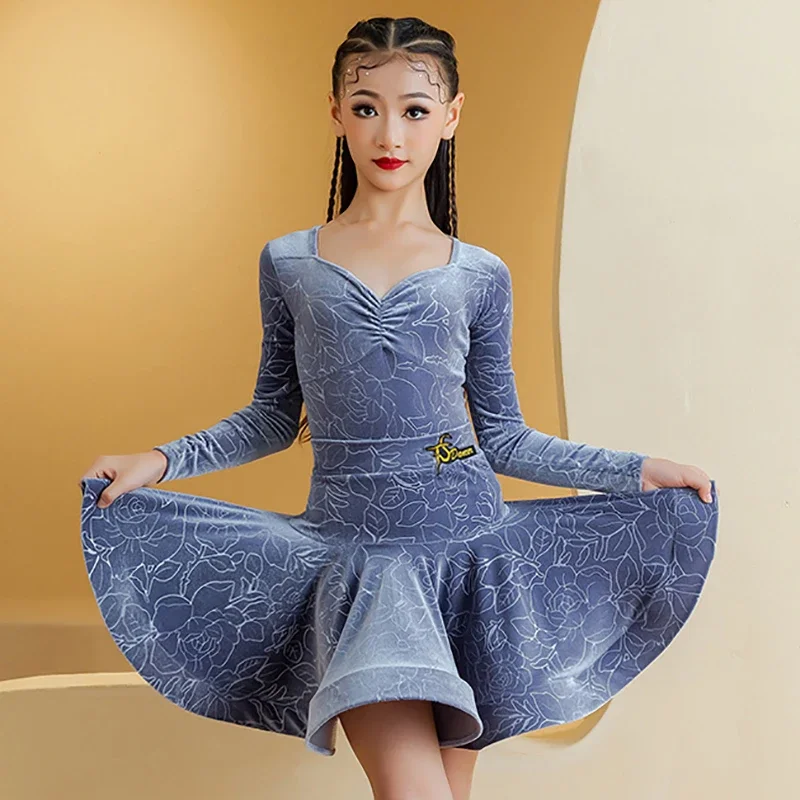 

Детская бархатная одежда с длинными рукавами и тиснением для латинских танцев для девочек, вальса, танцевальная одежда, детское боди и юбки