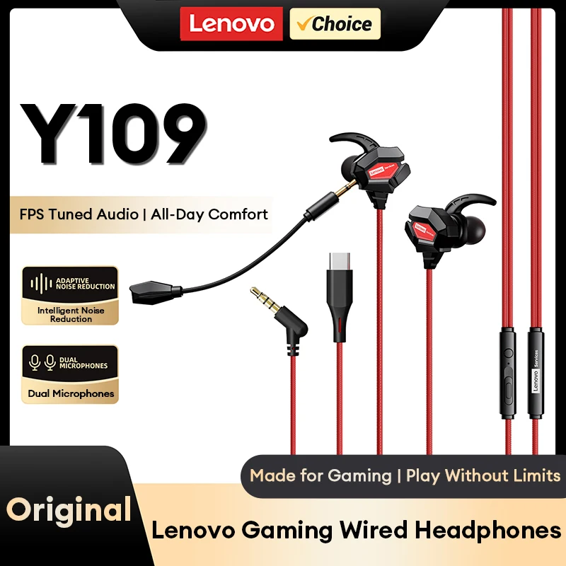 Novo Headset Gamer Lenovo Y109 com Microfone, Fones de Ouvido com Fio 3.5mm Tipo-C, Fones HiFi com Isolamento de Ruído para Celular, PC, Switch, PS4