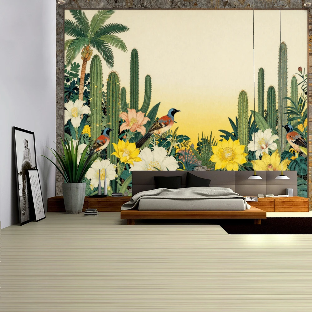 Cactus Tropical Plants And Birds Tapestry Wall Hanging Simple Art Bohemian Style Home Decor Background Cloth