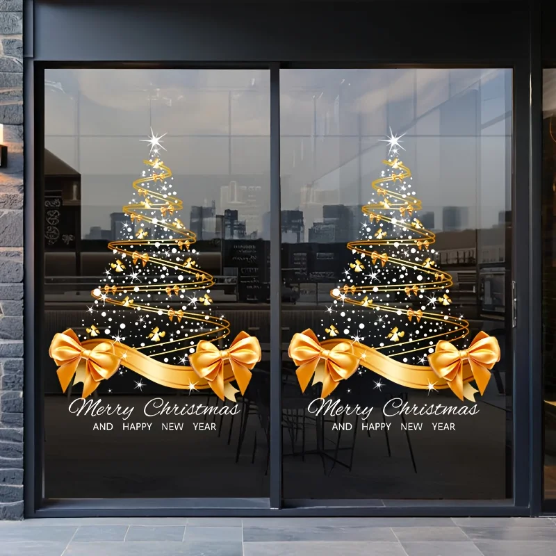 1pc Golden Christmas Tree Stickers Reusable Vinyl Decals Xmas Window Clings Holiday Decor for Home Party New Year Decorations