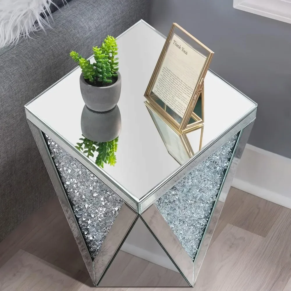 Solid Wood End Table,  Crystal Inlay Side, Small Mirrored Coffee Table For Living Room, Bedroom, Corner, 22",Storage End Tables