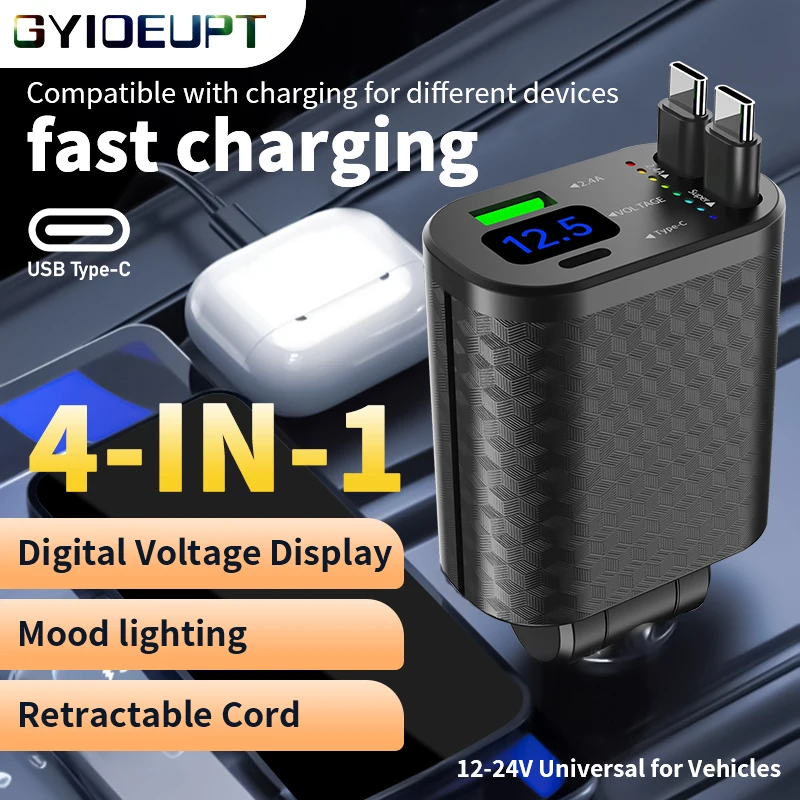 4-in-1 Retractable Car Charger with Digital Display and Charging Indicator Fast Car Phone Charger 2 Retractable Charging Cables