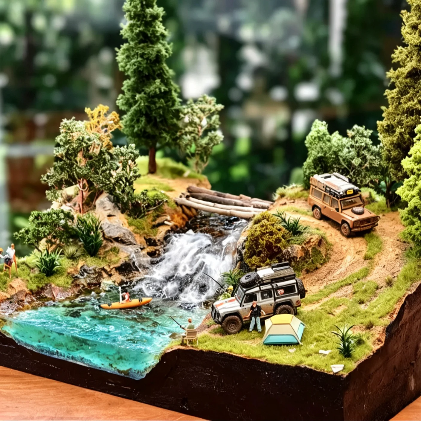 1/64 Scale Realistic Off-Road Car Scene - Grassland, Waterfall, River, Desktop Decor