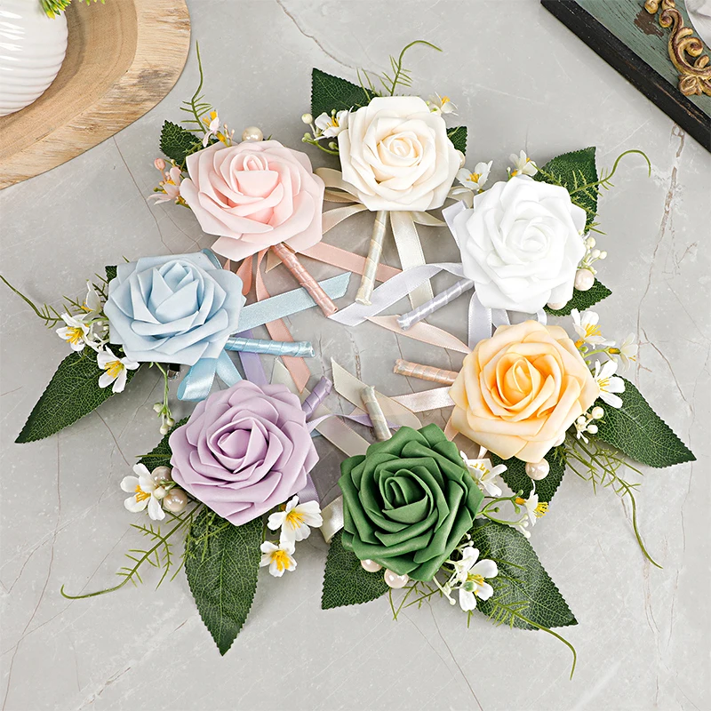 Elegant Artificial Flower Corsage Brooch Groom Groomsmen Boutonniere Silk Rose Flower Brooches Prom Wedding Party Accessories