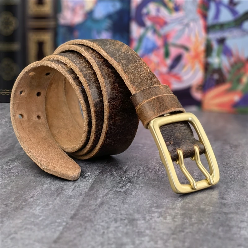 38MM Double Pin Solid Brass Belt Buckle Genuine Leather Belt Men Ceinture Leather Belts For Men Jeans Waist Belt Wide MBT0608