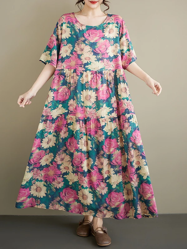 

Женское хлопково-льняное платье, новинка лета, с круглым вырезом, коротким рукавом, плиссированное, с принтом, свободного кроя, А-силуэт, в этническом стиле, для прогулок по городу