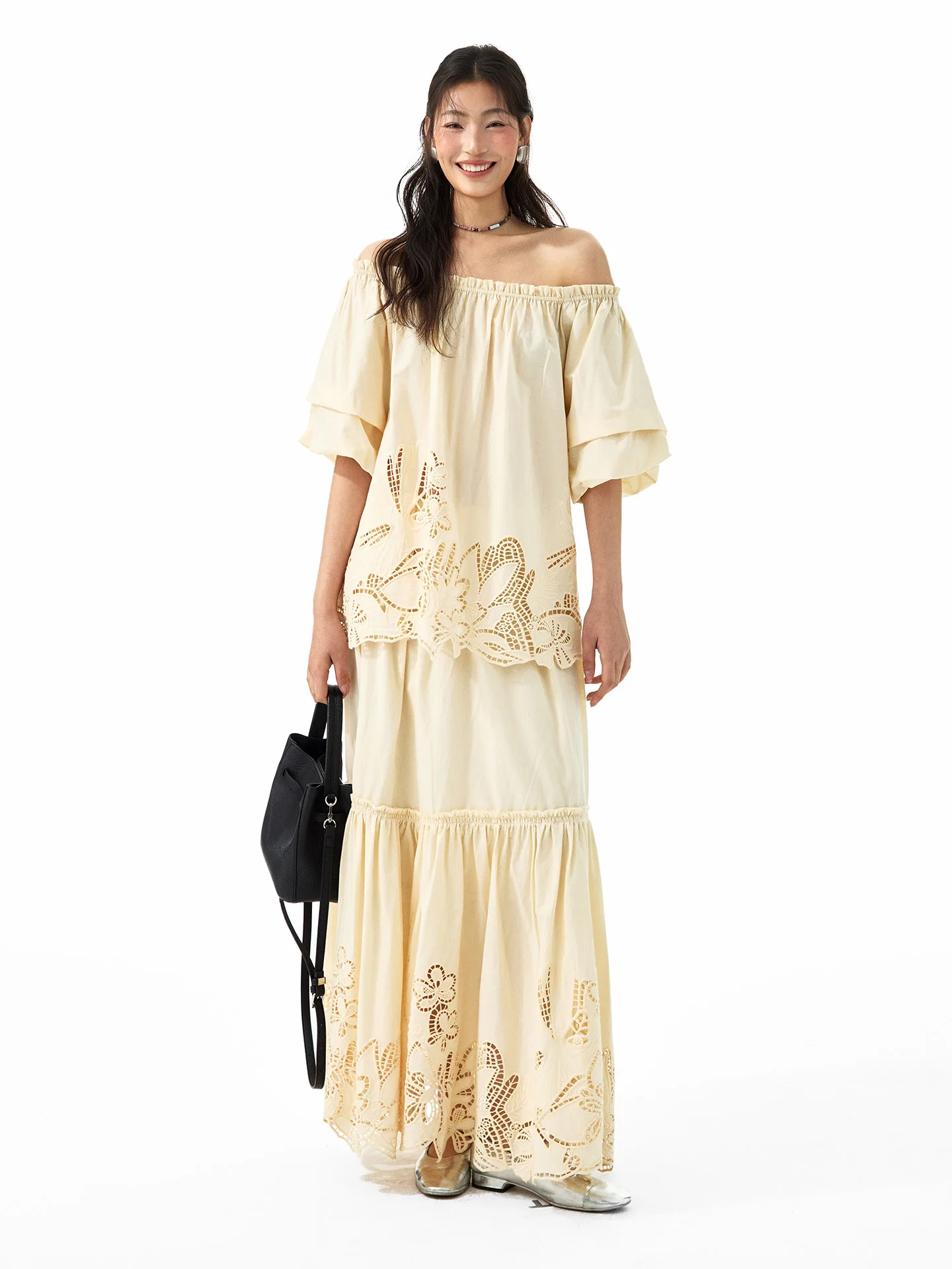 

Rural Style Embroidered Lantern Sleeve One Shoulder A-Line Skirt Set Women's Loose Fit Breathable Cotton Summer Shirt