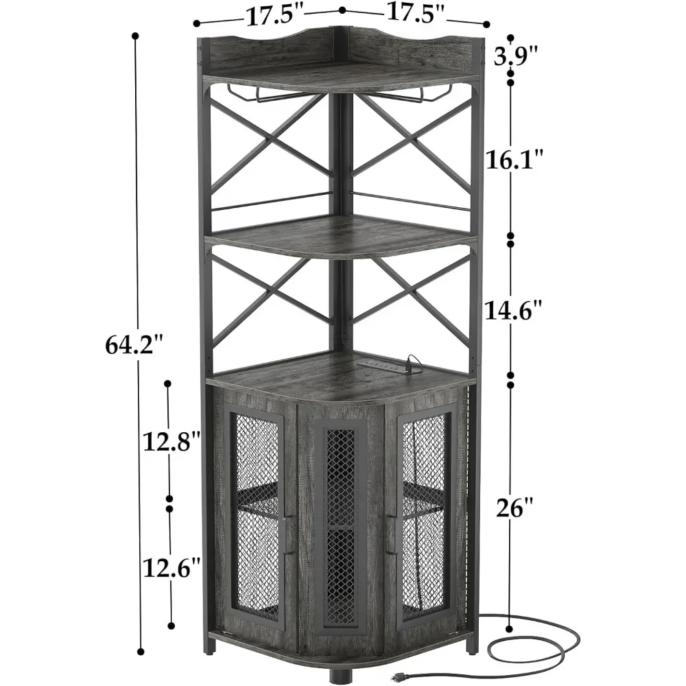 Canto Bar Cabinet com Power Outlet, Industrial Wine Cabinet com LED Strip e Suporte de Vidro, 5 Tiers Liquor Cabinet