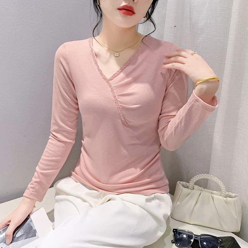 2024 New European Clothes Fall Winter T-Shirt Fashion Sexy Skew Collar Shiny Beading Draped Women's Tops Long Sleeve Tees 49092