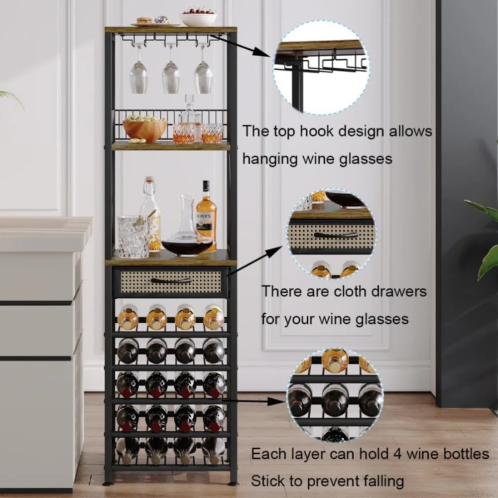 Armário de bar autônomo para vinho, para licores e copos, suporte de vidro de 4 camadas e gaveta de armazenamento para casa, bar, cozinha