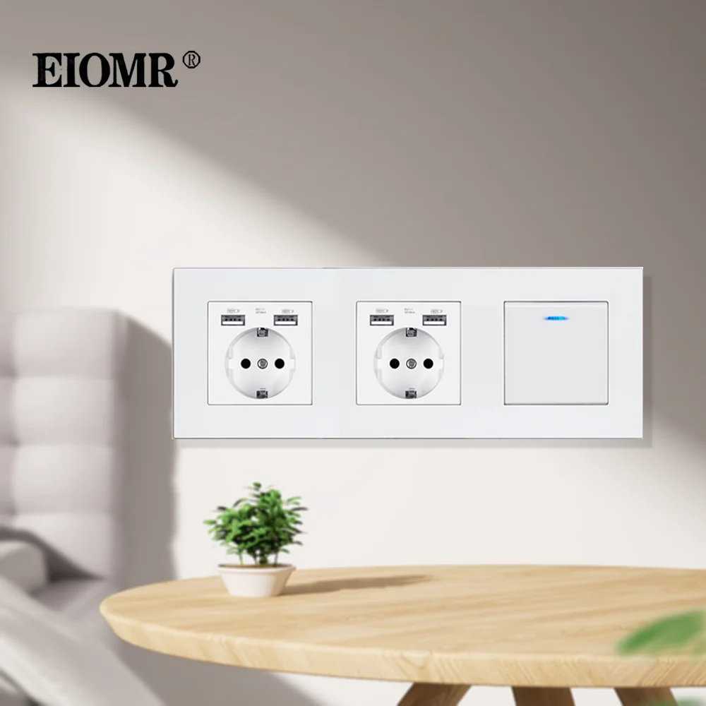 EIOMR EU Wall Switches Sockets Flame Retardant PC Panel USB 5V 2.1A for Phone Charging Power Sockets 16A 220V White Wall Outlets