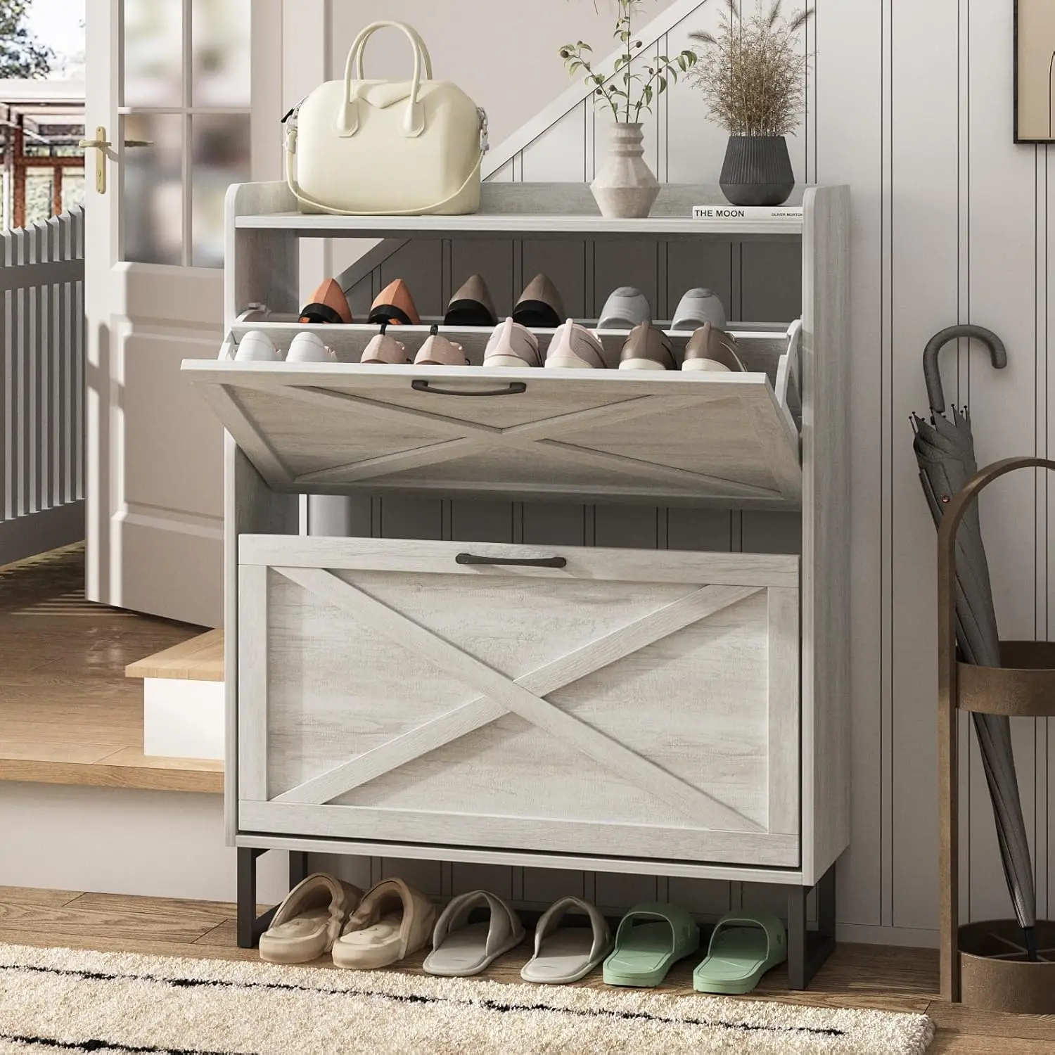 

Shoe Storage Cabinet with 2 Flip Drawers, Freestanding Organizer with Metal Legs for Entryway, Narrow Shoe Rack Cabinet