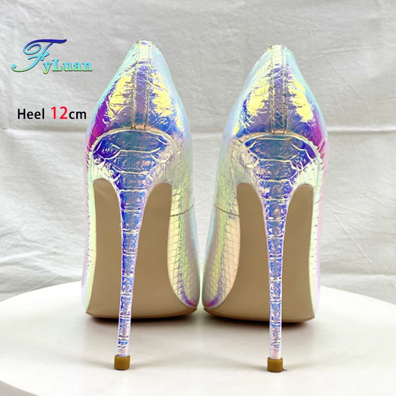 Women Pumps Hologram Laser Pointed Banquet Shoes For Ladies 8CM 10CM 12CM Fashion Snake Print Color-Changing Stiletto High Heels