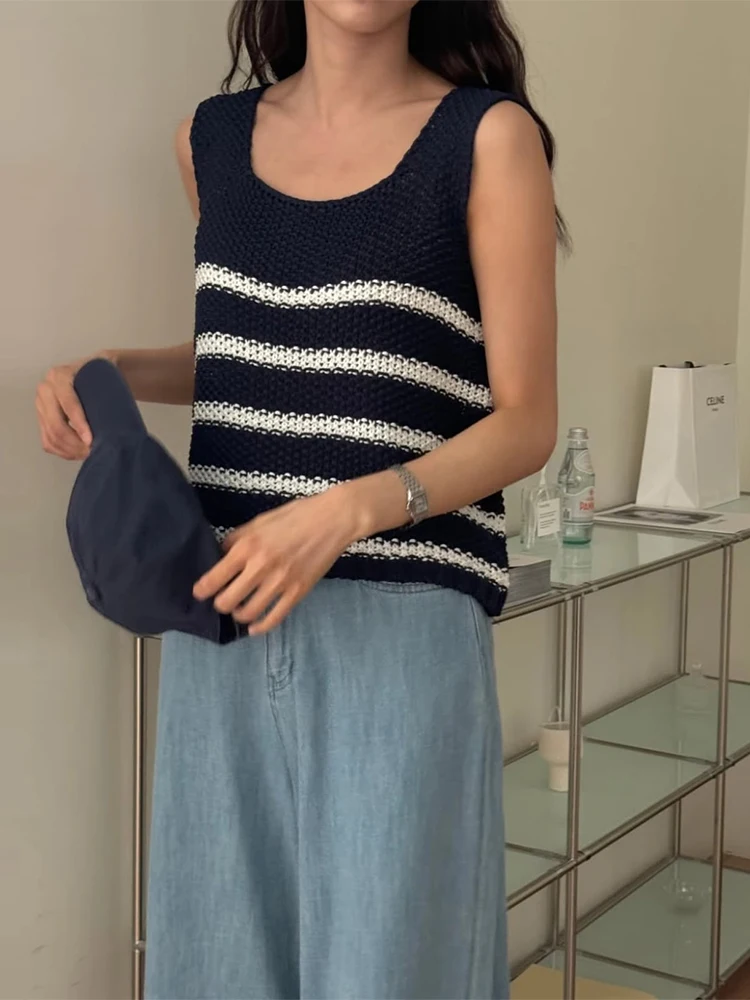 Patchwork Striped Knitted Vest Women Summer Vintage Sleeveless Crop Tops Korean Chic Casual Versatile Sweater Pullover