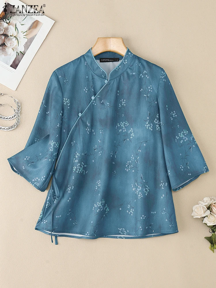 2025ZANZEA Vintage Shirts Herfst Zomer Blouse Vrouwen Half Mouw Bloemen Tops Elegante Stand Hals Werk Shirt Knoppen Blusas Femme