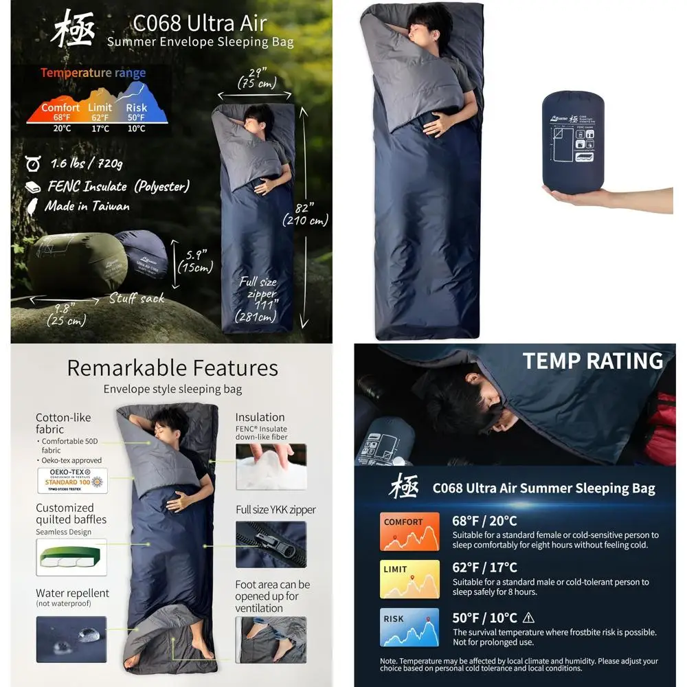 

Ultralight 3-Season Compact Sleeping Bag, 50-68°F, 1.6 lbs, Packable for Backpacking, Camping, Hiking, Travel