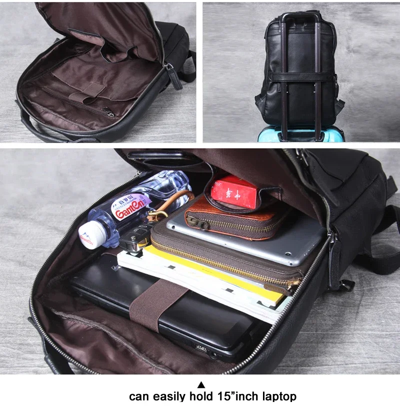 Fashion Korean style Cowhide Genuine Leather Backpack Men Bagpack Hiking Rucksack male Travel Backpack Bag Daily Black M803 image 6