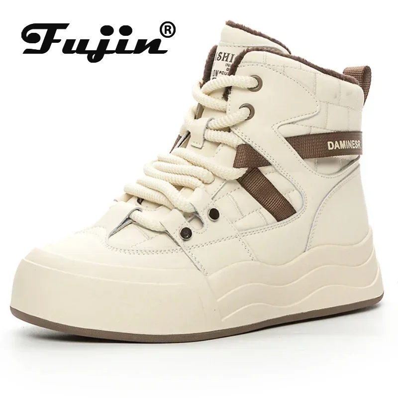 fujin white women winter shoes genuine leather platform wedge comfy leather warm fur female women snow boots zapatillas mujer