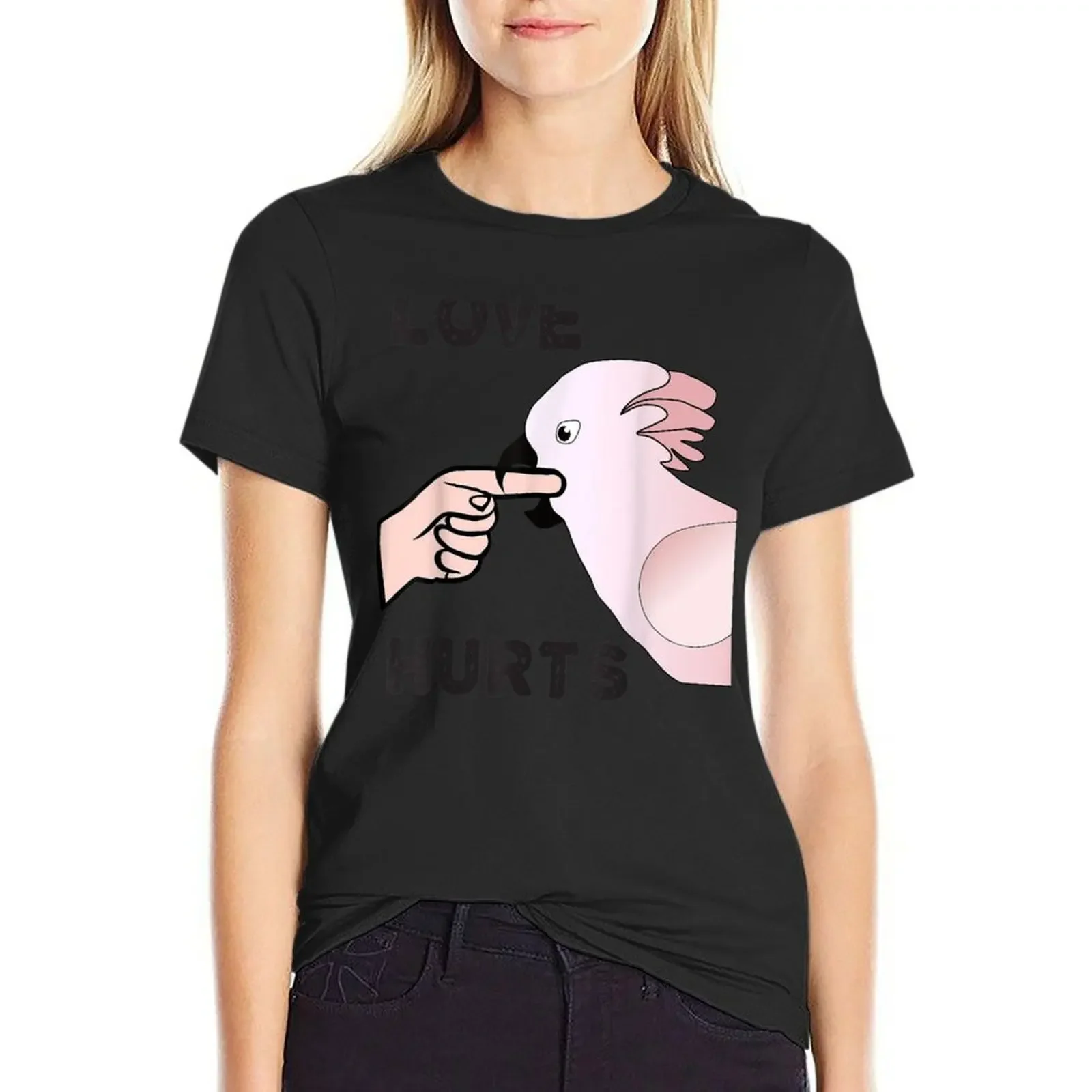 Love Hurts Moluccan Cockatoo Parrot Biting Finger T-shirt Female clothing summer top lady clothes western t shirts for Women