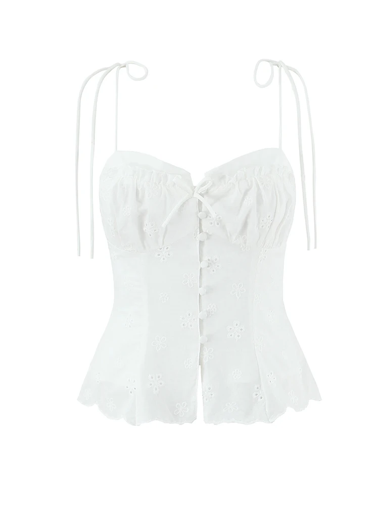 

Women Strappy Camisole Tops Summer Floral Embroidery Buttons Ruffles Hem White Top