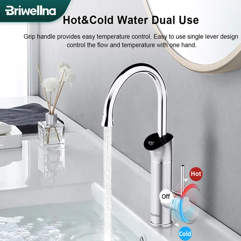 Briwellna 220V Instant Electric Water Heater Kitchen Faucet 2 in 1 With Digital Display Kitchen Mixer Flowing Water Heater