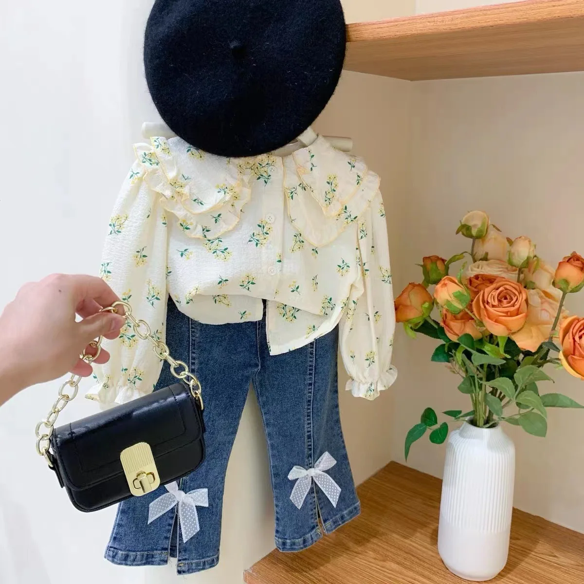 2022 Spring Autumn New Girls\' Clothing Sets Lapel Long Sleeve Cute Floral Shirt + Fashionable Split Jeans With Bow Two-Piece Set