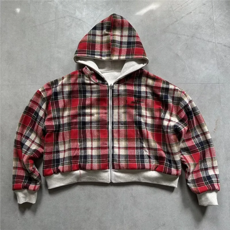 Women Double Sided Wear Zip Up Hoodie Plaid Lined Oversized Loose Sweatshirt Korean Casual Couple Winter Warm Hooded Jacket