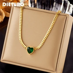 DIEYURO 316L Stainless Steel Heart White Green Crystal Pendant Necklace For Women New Trend Girls Clavicle Chain Jewelry Gifts