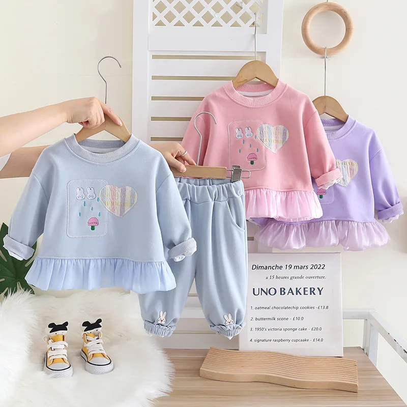 Spring Autumn Toddler Girl Clothes Set Kawaii Bunny Embroidery Sweatshirt Ruffle Shirt Top Sweatpants Baby Kids Tracksuit Casual