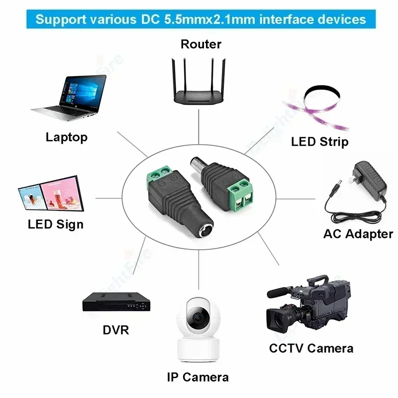 DC Solar Panel Jack Connector 5V 12V Male Female DC Power Plug Connector 5.5mm*2.1mm for LED Strip Light CCTV Camera AC Adapter