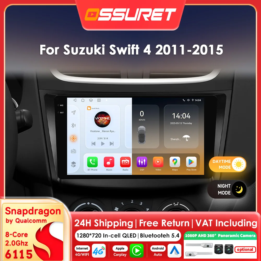 9-Zoll-Android-Autoradio mit GPS-Intelligenzsystem für Suzuki Swift 4 2011 - 2015, Carplay für Apple, Auto-Stereoanlage 6115, Octa-Core-Haupteinheit, 2-DIN, SWC, DSP, RDS-Bildschirm