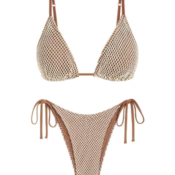2024 여성용 비키니 투피스 세트, 비키니 수영복, 대비 어망 타이 사이드 탱가, 패딩 비키니, 트라이앵글 수영복