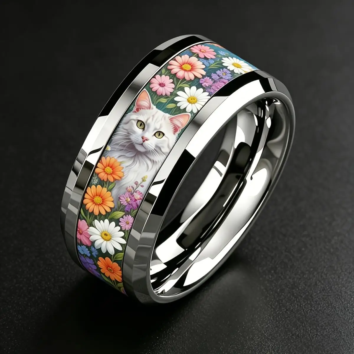 Boho White Cat & Vibrant Mixed Wildflower Inlay Stainless Steel Ring Sweet Garden Pet Style Stackable Band Jewelry Gift For Her
