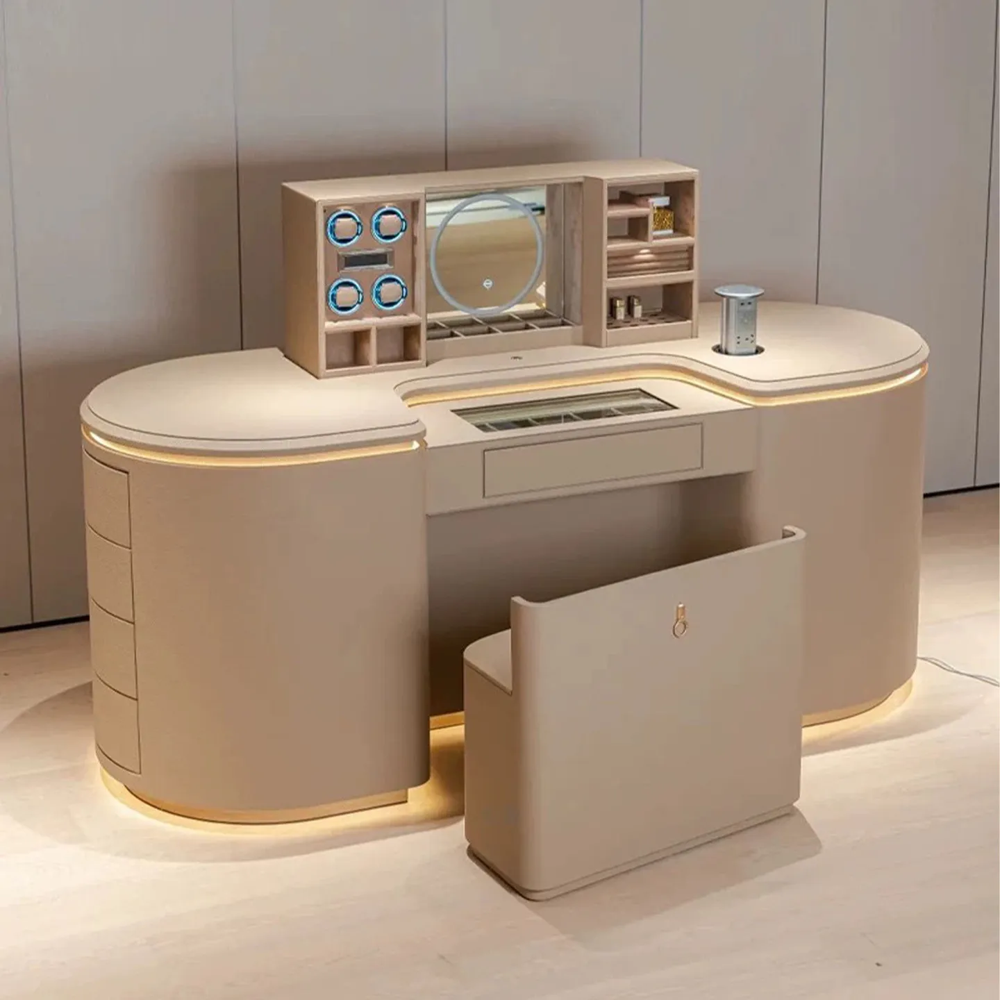 & High-End Smart Wood Jewelry Island Cabinet with Makeup Mirror Walk-In Closet Creative Villa Bedroom Design Luxury Dressing Tab