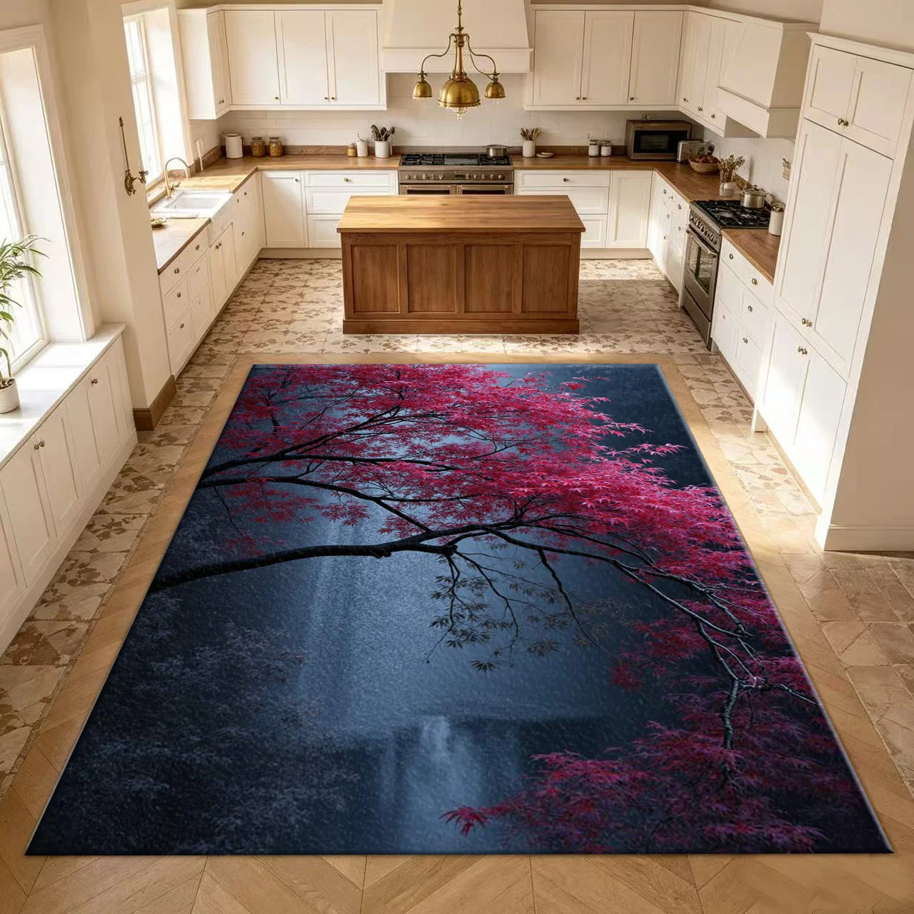 Red Maple Tree Waterfall Night Scene Carpet Natural Landscape Print Carpet Living Room Bedroom Floor Mat