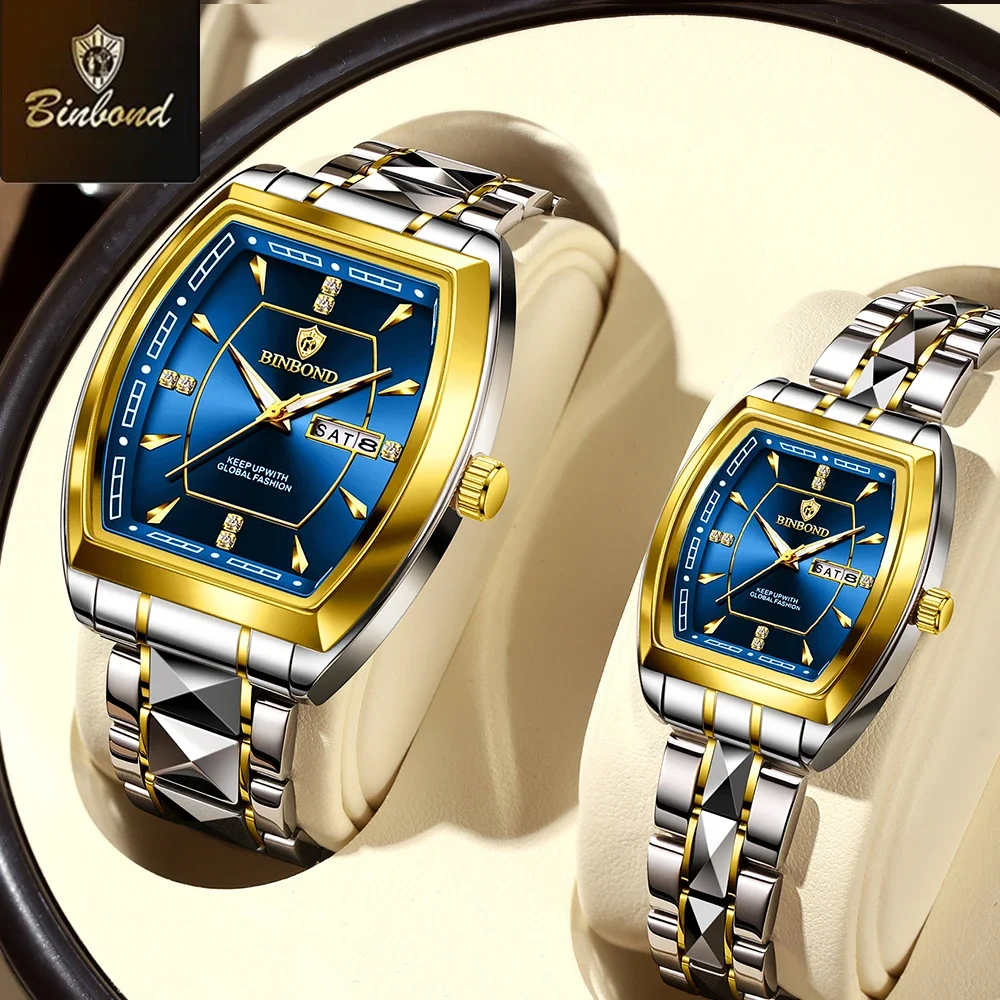 BINBOND 2 قطعة زوجين مربع للساعات قمة الموضة العلامة التجارية الرجال السيدات ساعة كوارتز عاشق مقاوم للماء المقاوم للصدأ تاريخ الأسبوع مضيئة