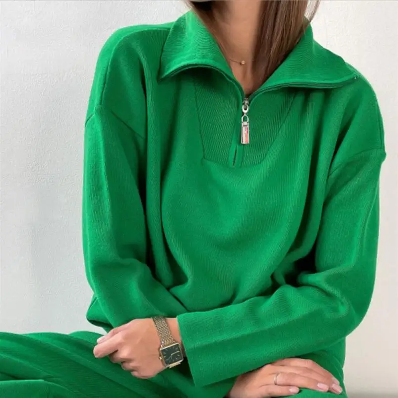 

Women Green Zip Sweaters Fashion Female Casual Polo Neck Solid Oversized Pullovers Jumper Knitted Winter Tops 2022 w2534