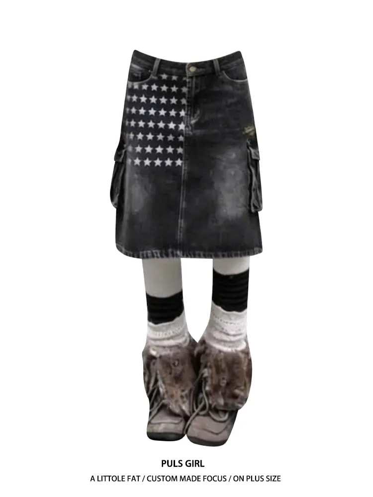 

Ретро-юбка А-силуэта из денима с эффектом потертости, со звездным принтом, с множеством карманов, женская, больших размеров, повседневная, с высокой талией, летняя