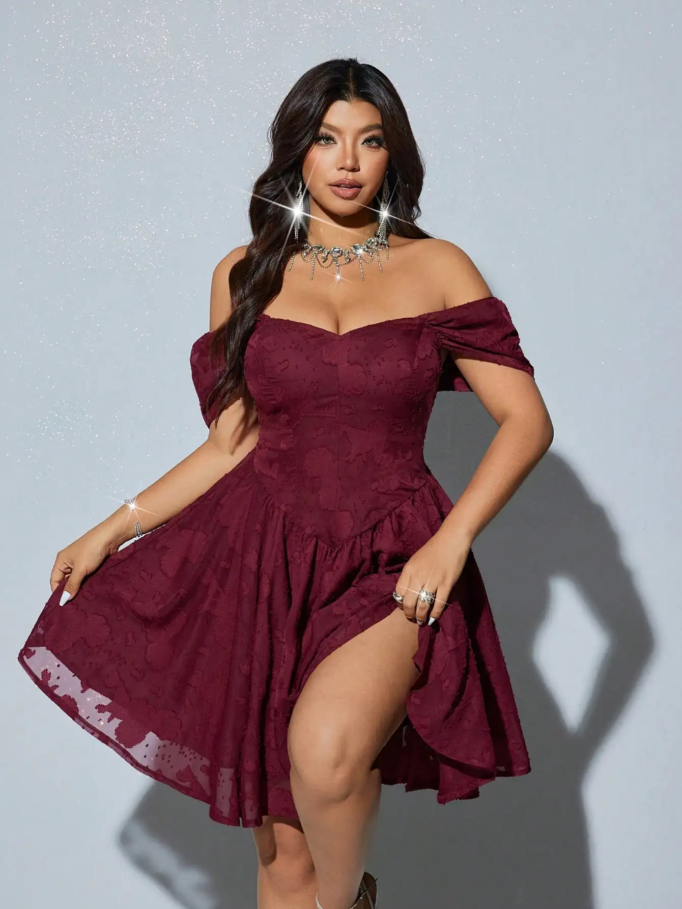 

Plus Size Square Neck Ruffle Sleeve Cutout Jacquard Chiffon Elegant Vintage Dress For Party Vacation