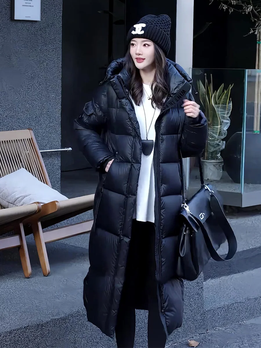 

Модная женская удлиненная пуховая куртка с капюшоном, теплая, черная, из перьев, зимняя, новая, повседневная, на молнии