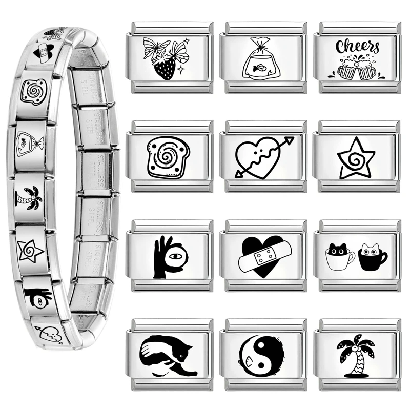 النقش بالليزر القلب الشاطئ تاي تشي الشفاه الإيطالية سحر الروابط صالح 9 مللي متر سوار الفولاذ المقاوم للصدأ DIY صنع المجوهرات الهدايا