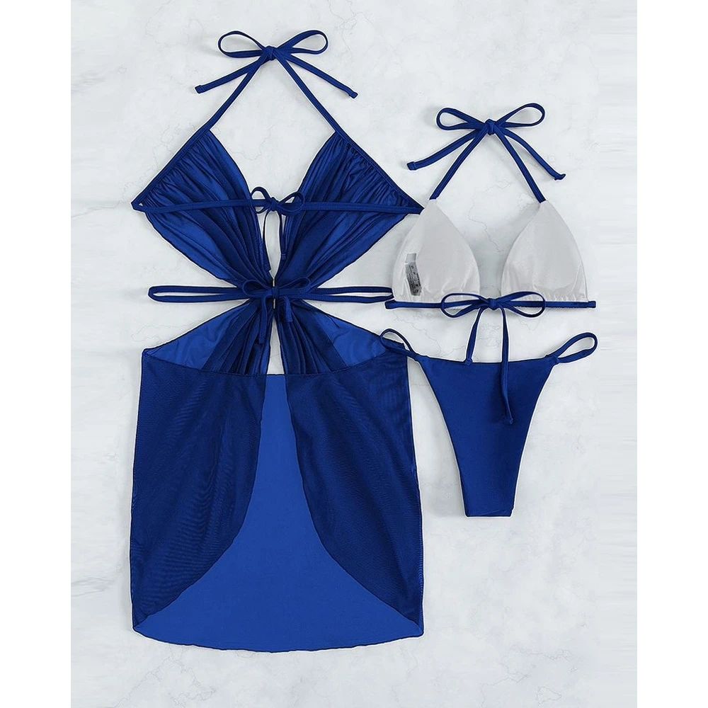 Conjunto de Bikini con cuello Halter para mujer, traje de baño de dos piezas con hebilla en forma de corazón, ropa de playa para vacaciones, 3 piezas