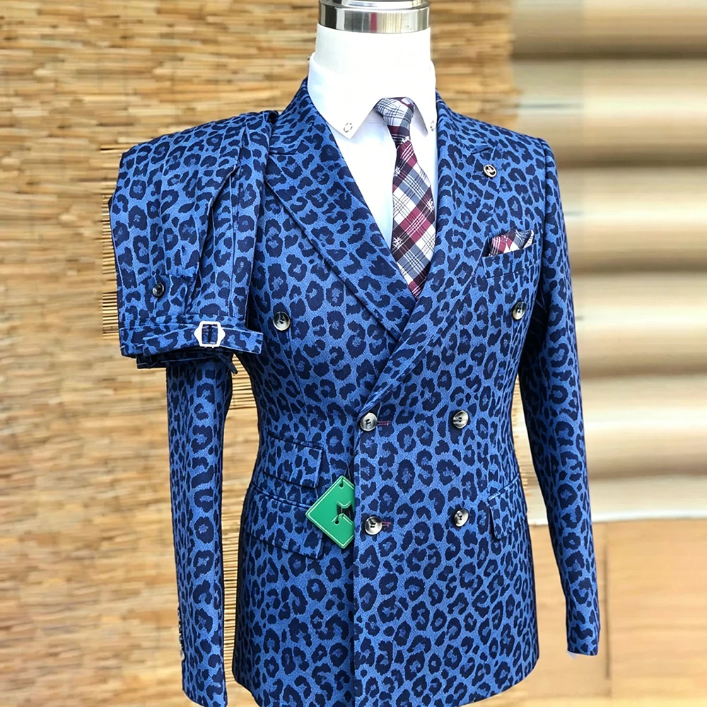 Men Blue Leopard Double Breasted Suit 2 Piece Formal Wedding Party Prom Blazer Pants Set Luxury Casual  Gentleman Tuxedo