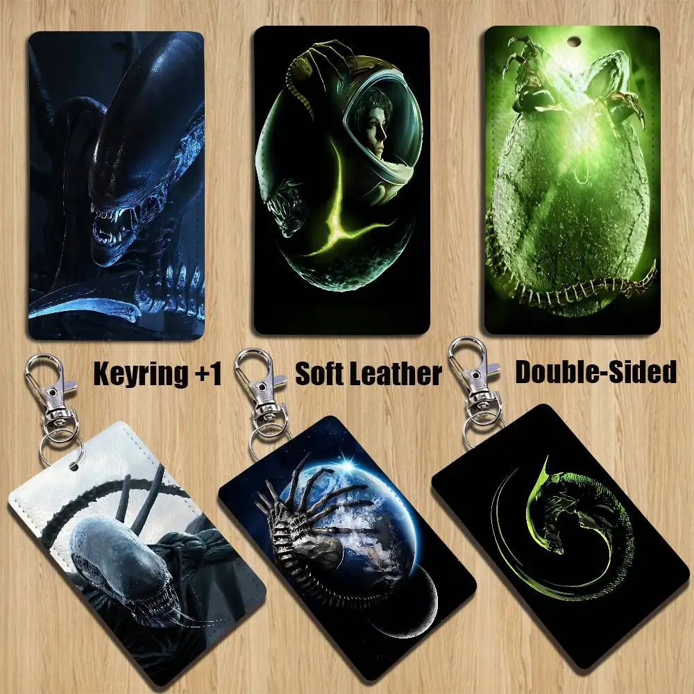 

horrible universe Alien moive Rectangle ID Card Case Keychain Access Card Bag Key Tag Ring Leather Card Holder Key Ring Access