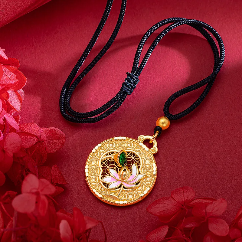 

9999 real gold 24K yellow gold Enamel Lotus Round Pendant