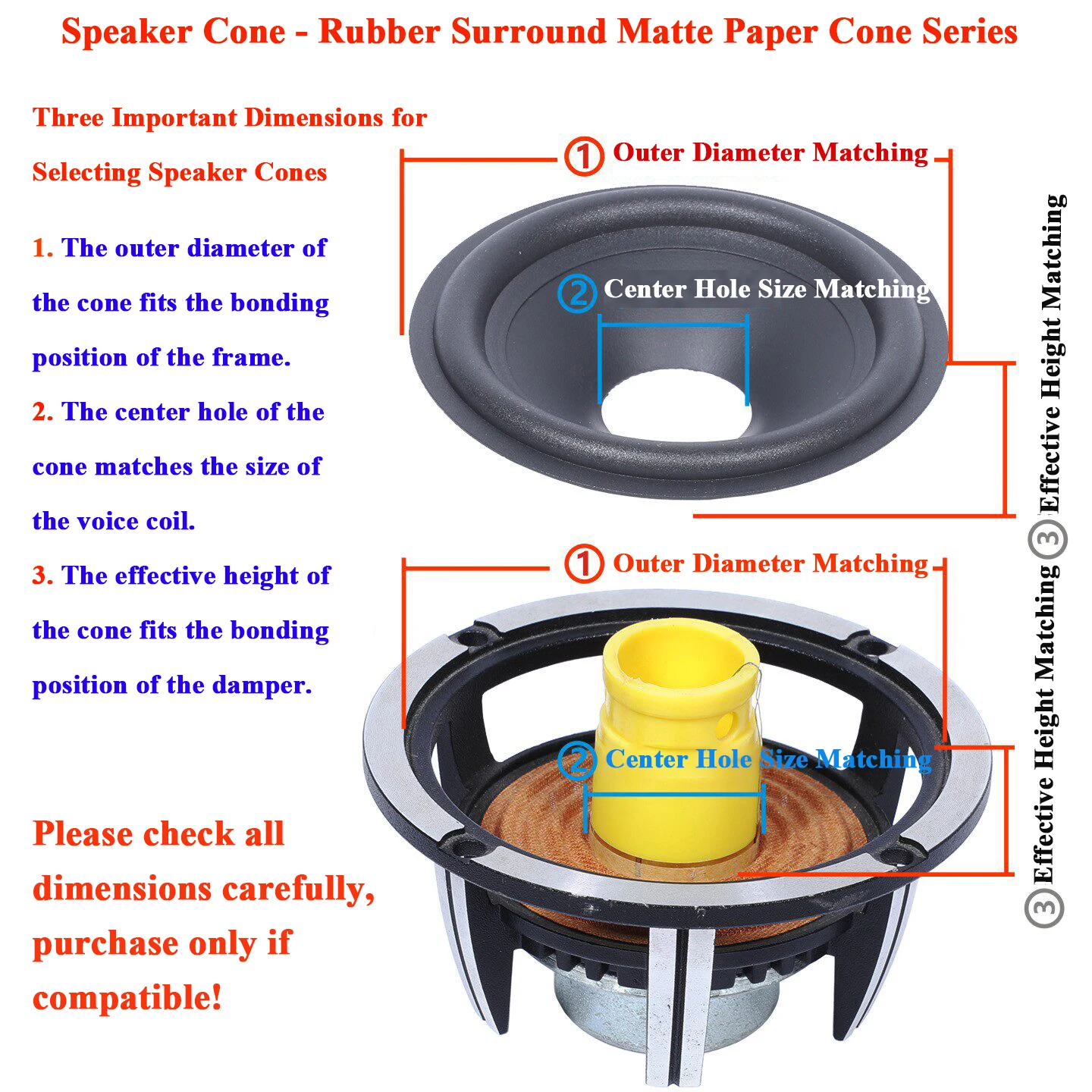 3-12 Inch Speaker Cone with Rubber Edge Matte Diaphragm Repair Part Dust Cap Included Paper Woofer Cone for Speaker