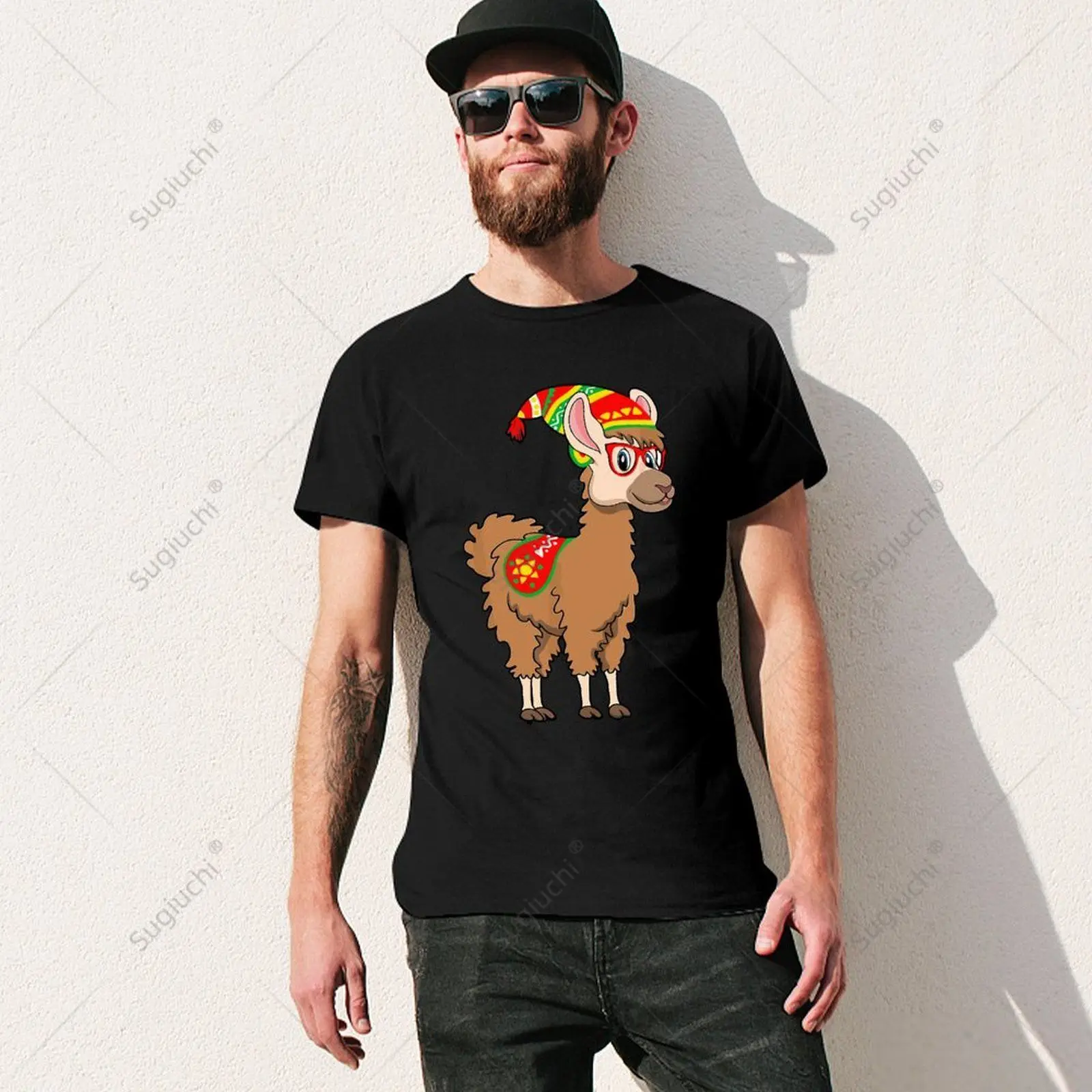 Unisex Men Llama Hipster Glasses Alpaca Lover in Colorful Peru Tshirt Tees T Shirts Women Boys 100% Cotton T-Shirt