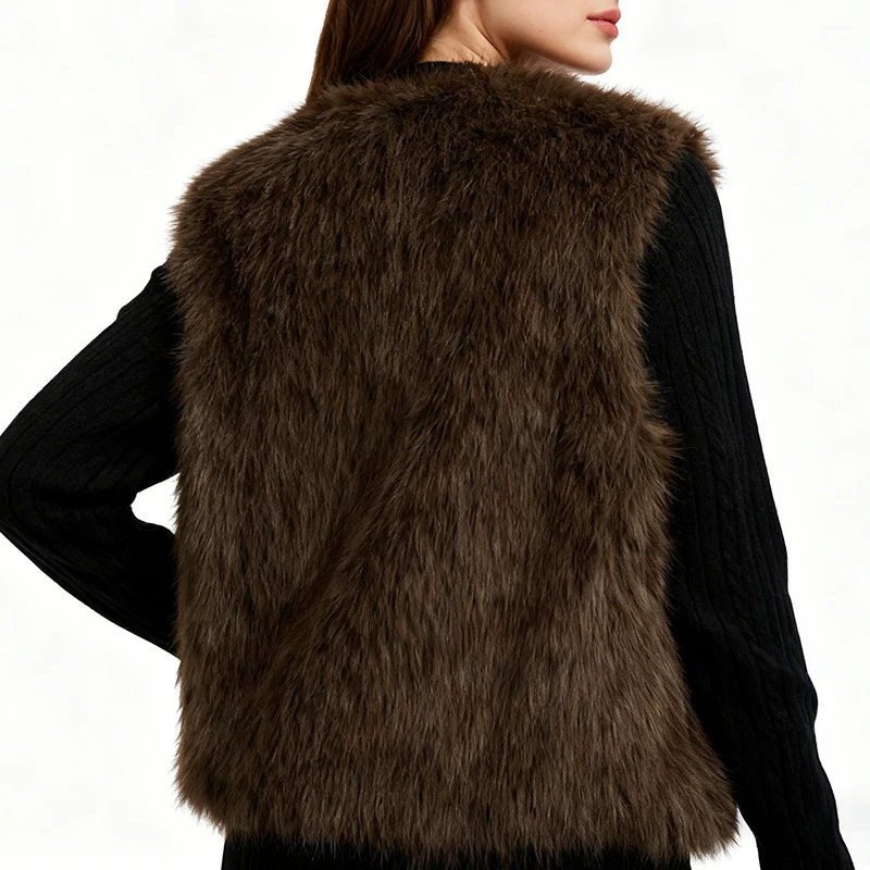 سترة نسائية من الفرو الصناعي الصناعي ملابس خارجية متينة ملابس خروج عصرية باللون البني بدون أكمام ورقبة على شكل حرف v صدرية منفوشة #3