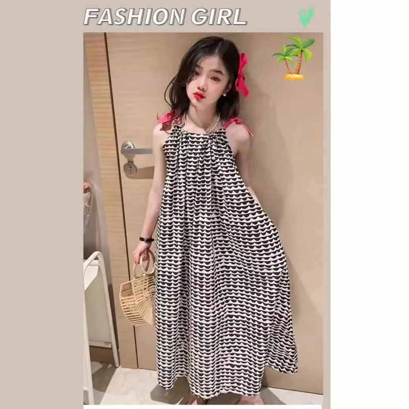 

Girls' long wave-patterned strap dress princess dress26New summer children's clothing wholesale